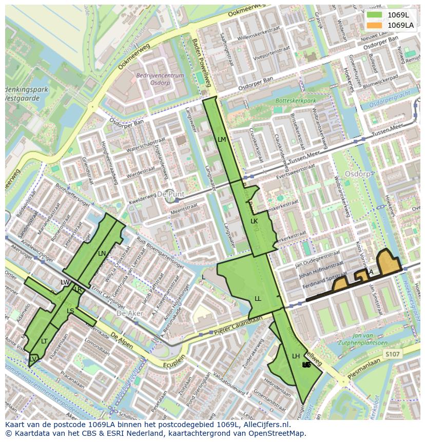 Afbeelding van het postcodegebied 1069 LA op de kaart.