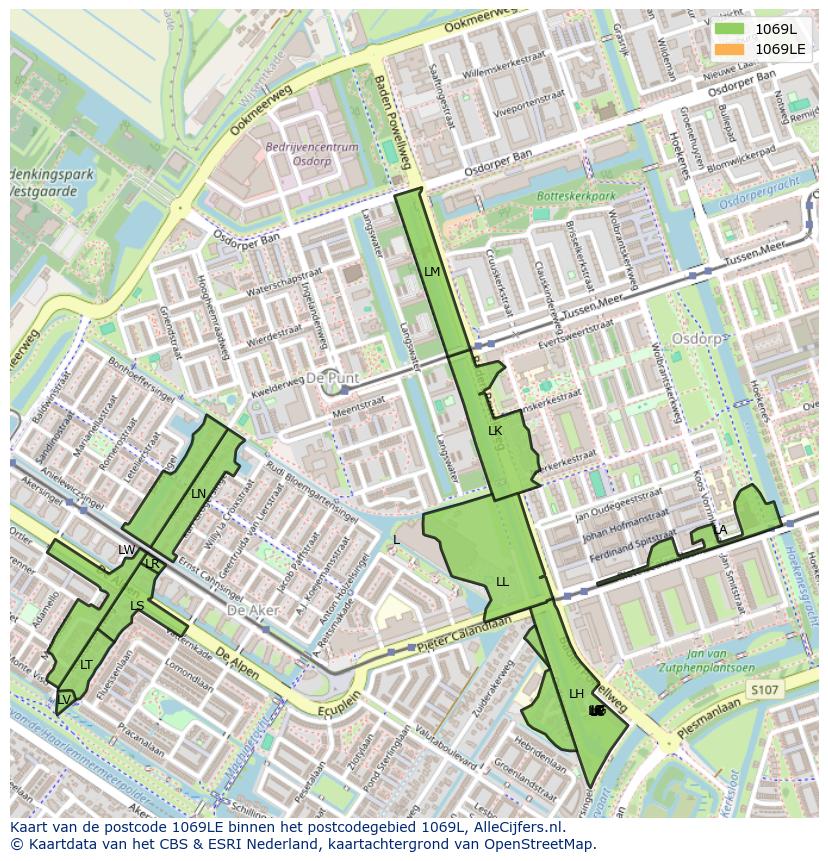 Afbeelding van het postcodegebied 1069 LE op de kaart.