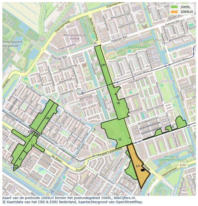 Afbeelding van het postcodegebied 1069 LH op de kaart.