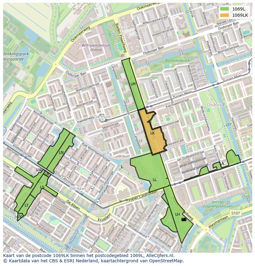 Afbeelding van het postcodegebied 1069 LK op de kaart.