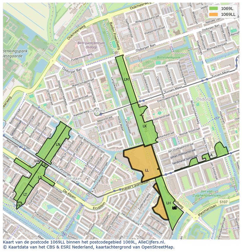Afbeelding van het postcodegebied 1069 LL op de kaart.
