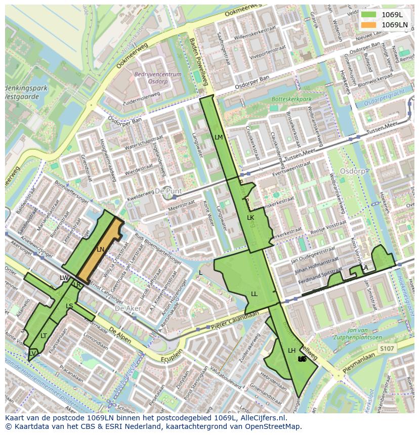 Afbeelding van het postcodegebied 1069 LN op de kaart.