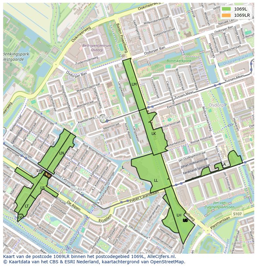 Afbeelding van het postcodegebied 1069 LR op de kaart.