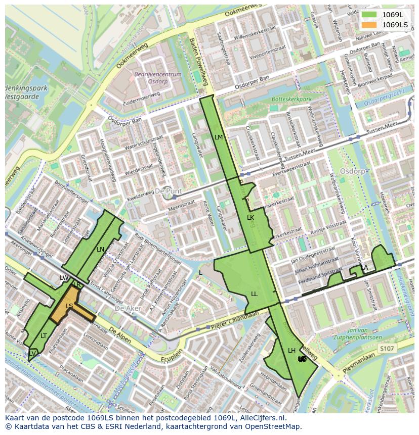 Afbeelding van het postcodegebied 1069 LS op de kaart.