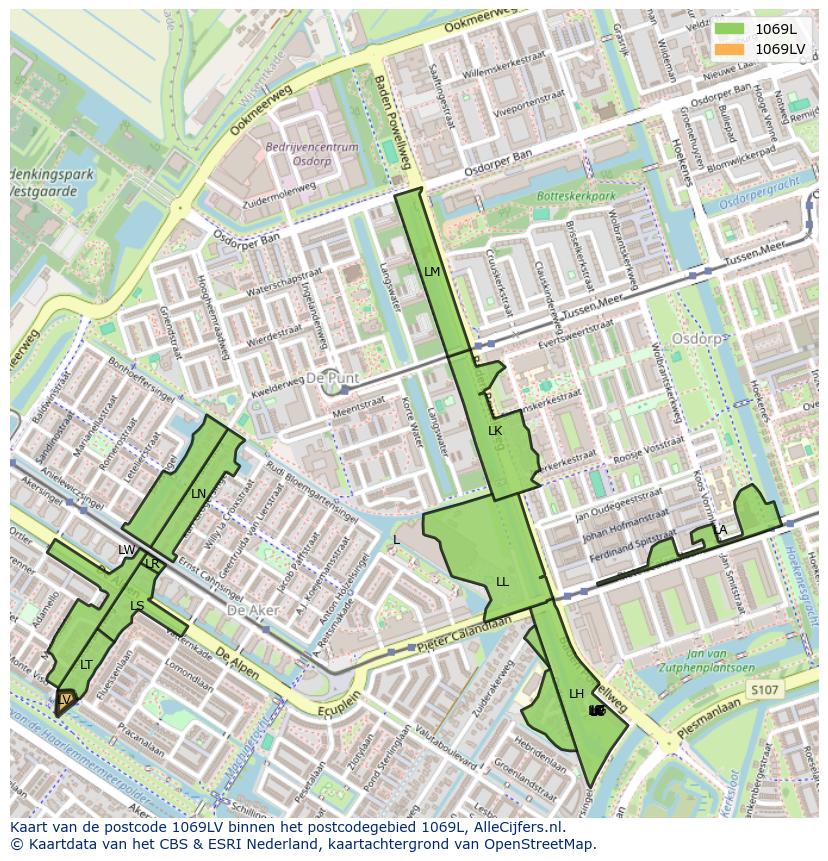 Afbeelding van het postcodegebied 1069 LV op de kaart.