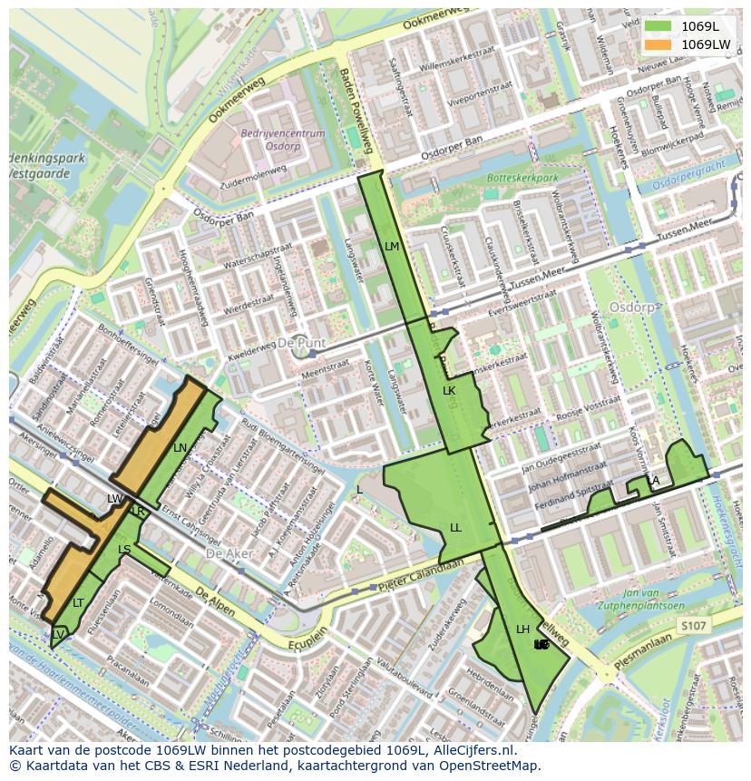 Afbeelding van het postcodegebied 1069 LW op de kaart.