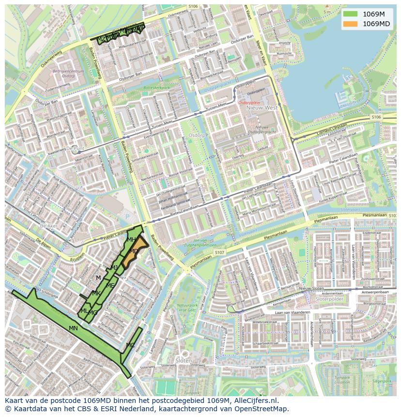 Afbeelding van het postcodegebied 1069 MD op de kaart.