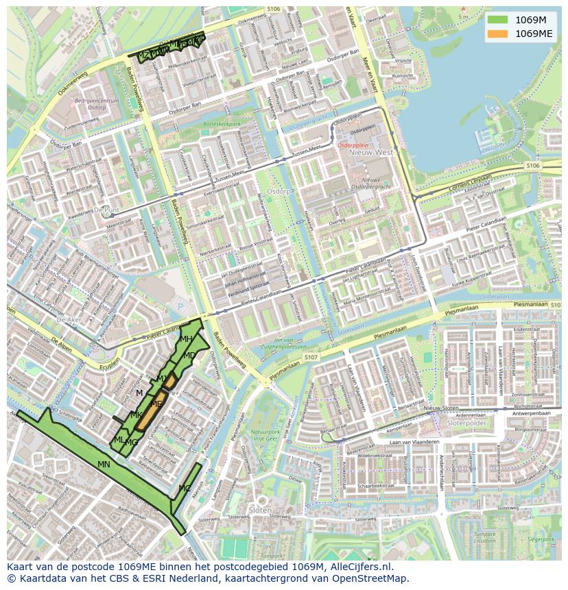 Afbeelding van het postcodegebied 1069 ME op de kaart.