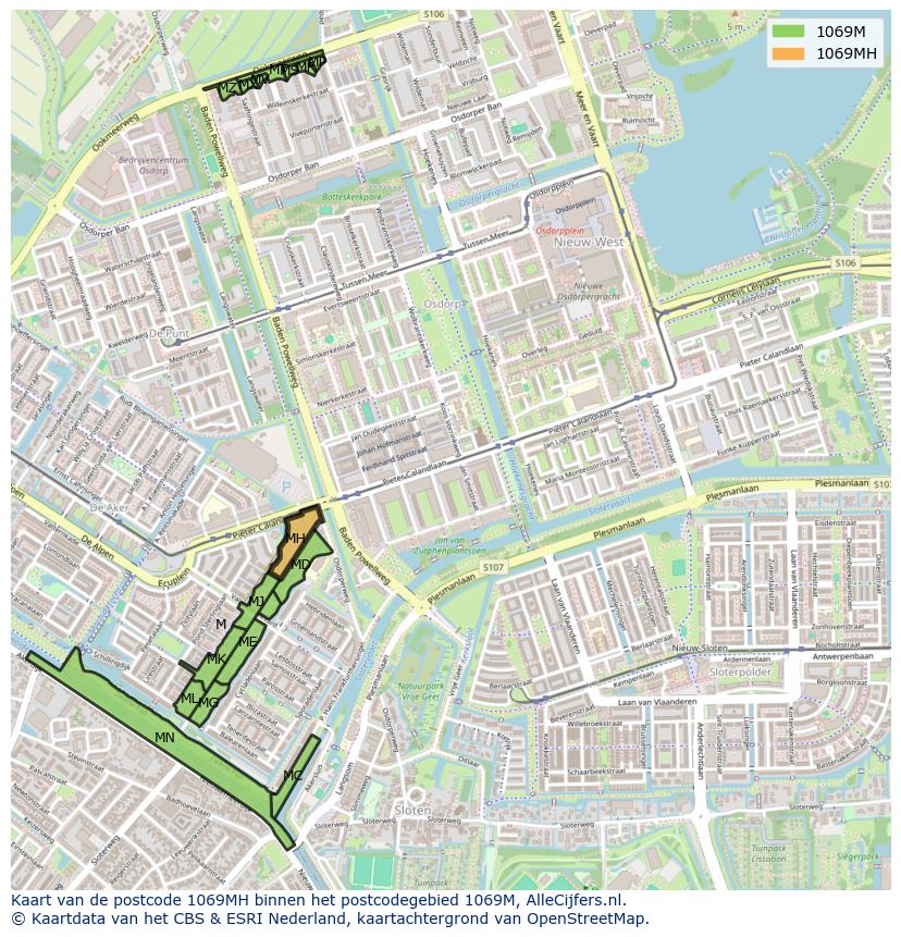 Afbeelding van het postcodegebied 1069 MH op de kaart.