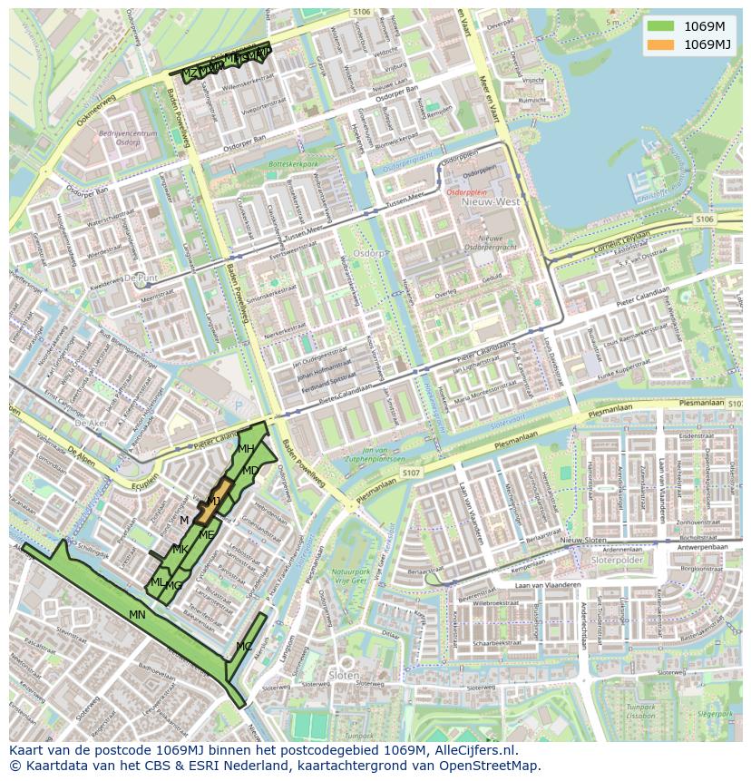 Afbeelding van het postcodegebied 1069 MJ op de kaart.