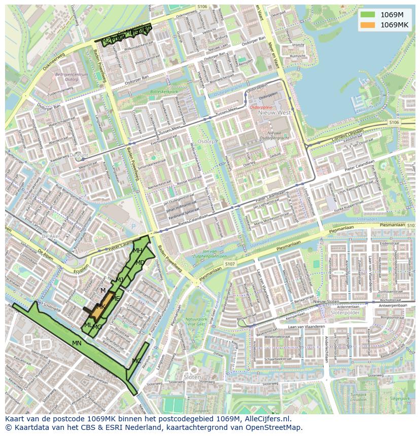 Afbeelding van het postcodegebied 1069 MK op de kaart.