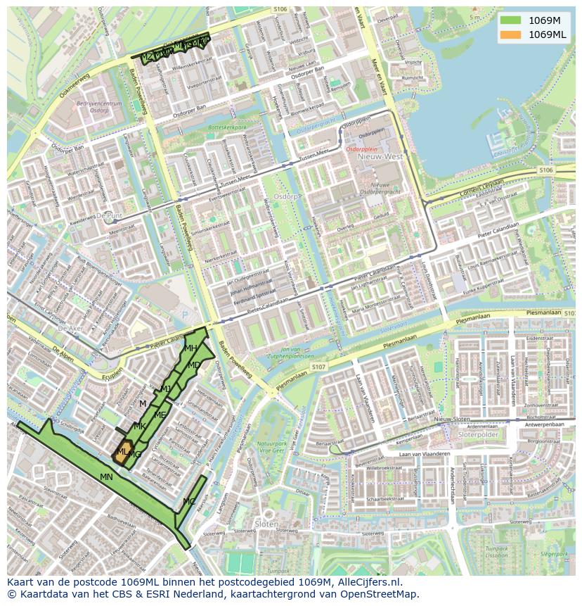 Afbeelding van het postcodegebied 1069 ML op de kaart.