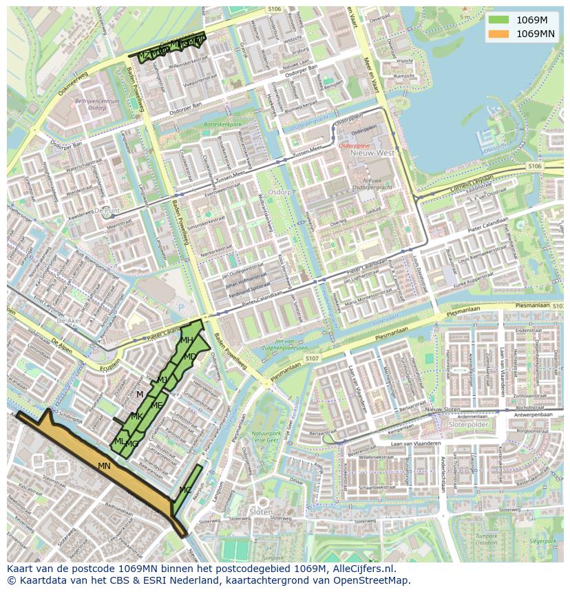 Afbeelding van het postcodegebied 1069 MN op de kaart.