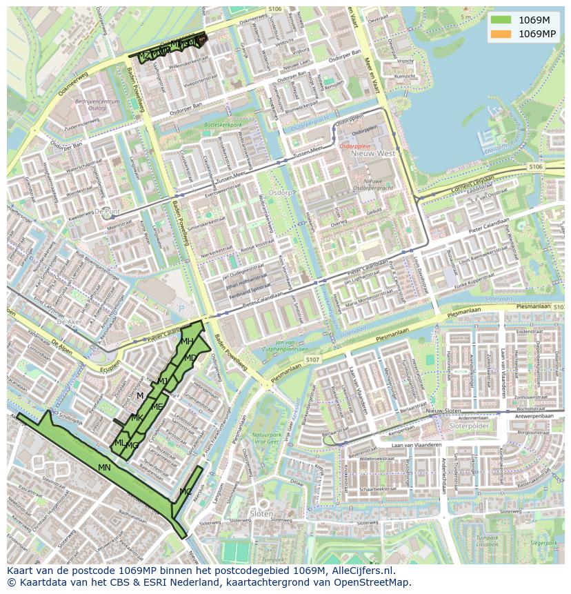 Afbeelding van het postcodegebied 1069 MP op de kaart.