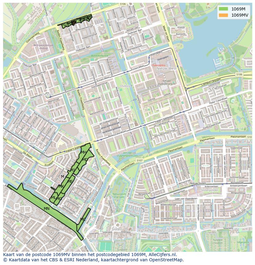 Afbeelding van het postcodegebied 1069 MV op de kaart.