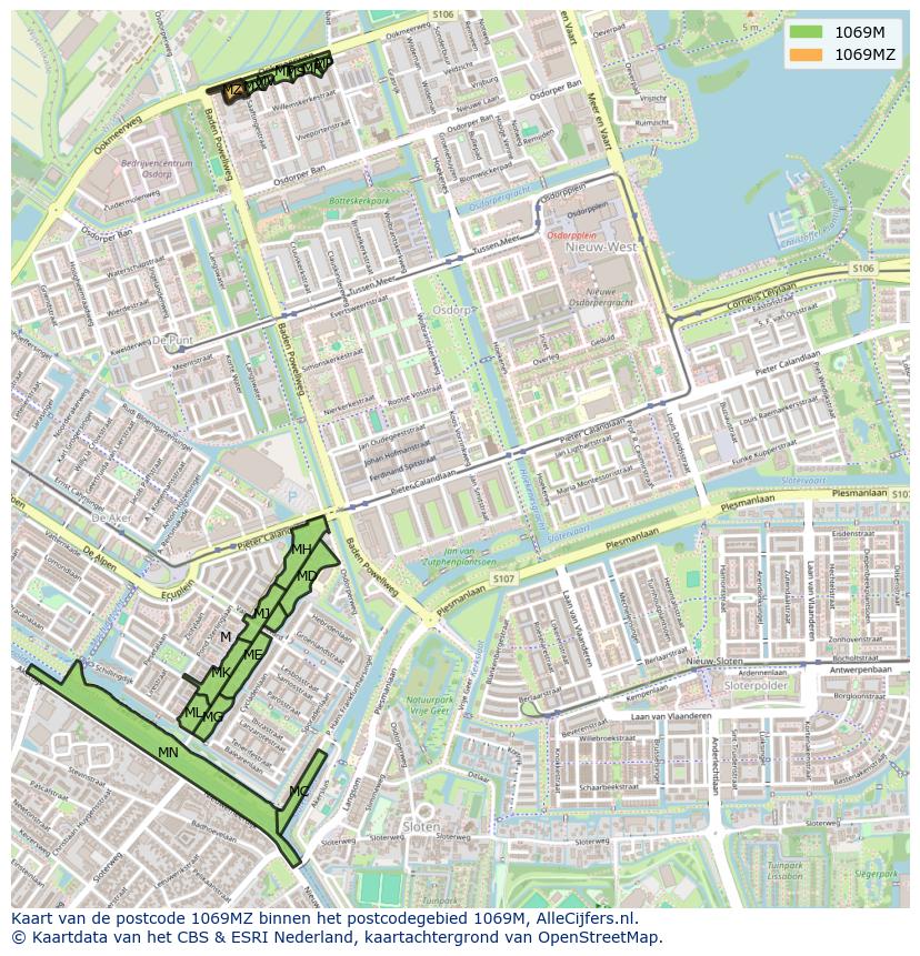 Afbeelding van het postcodegebied 1069 MZ op de kaart.
