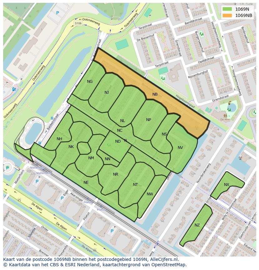 Afbeelding van het postcodegebied 1069 NB op de kaart.