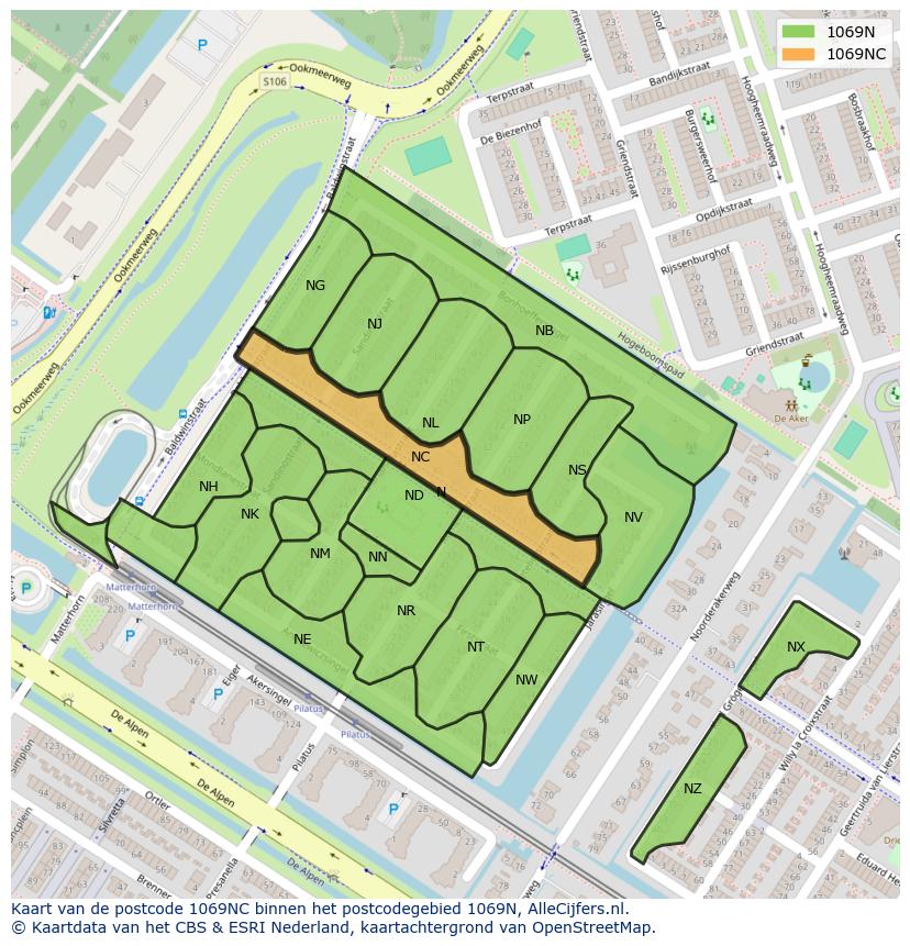 Afbeelding van het postcodegebied 1069 NC op de kaart.