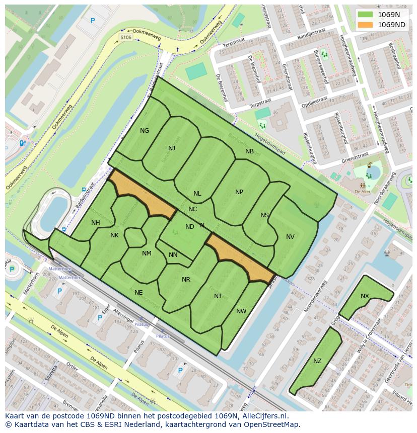 Afbeelding van het postcodegebied 1069 ND op de kaart.
