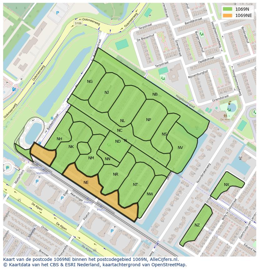 Afbeelding van het postcodegebied 1069 NE op de kaart.