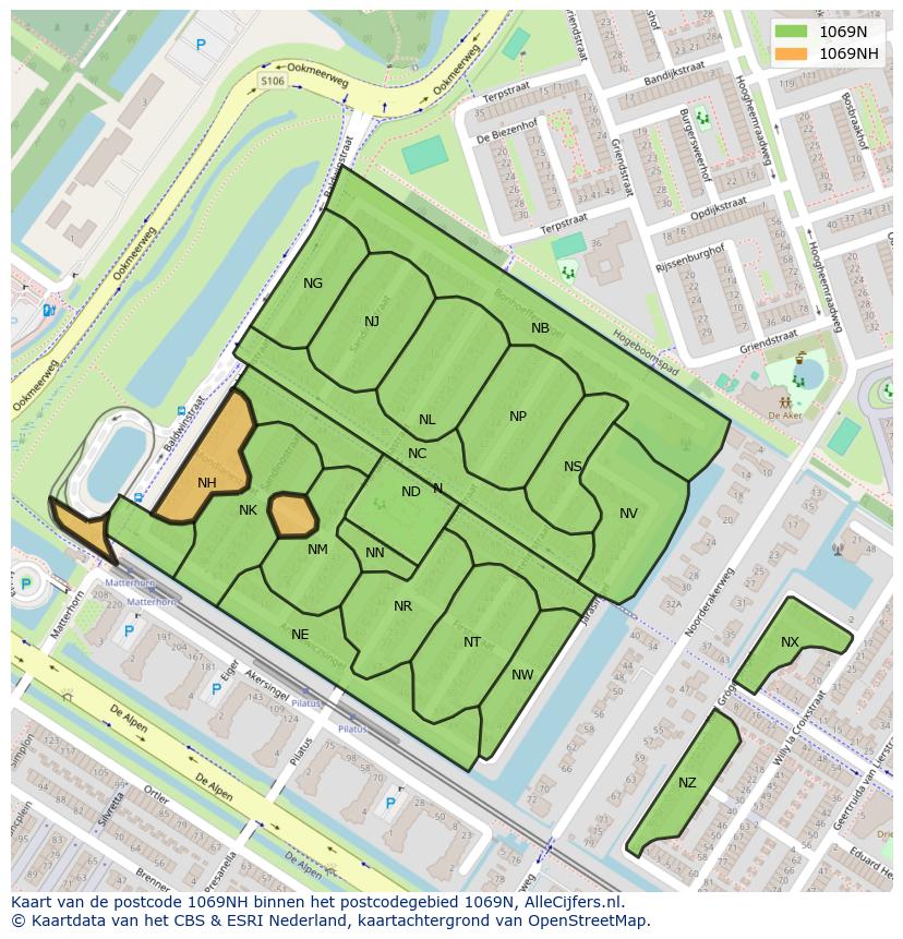 Afbeelding van het postcodegebied 1069 NH op de kaart.