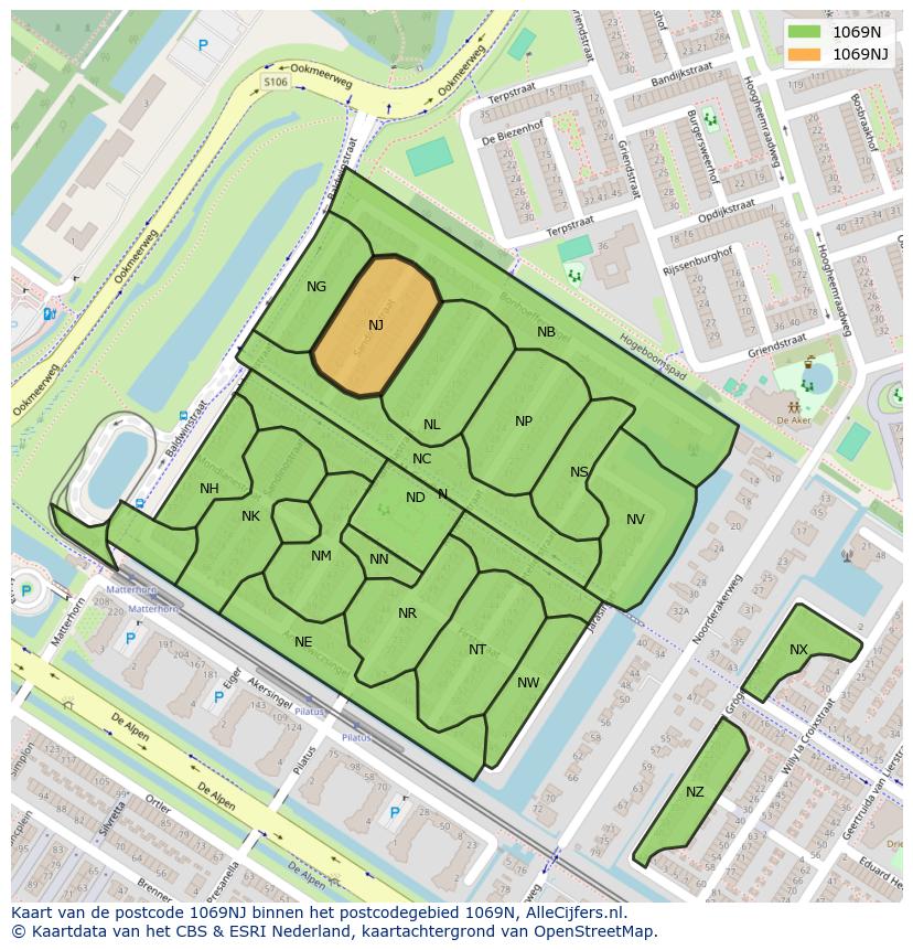 Afbeelding van het postcodegebied 1069 NJ op de kaart.