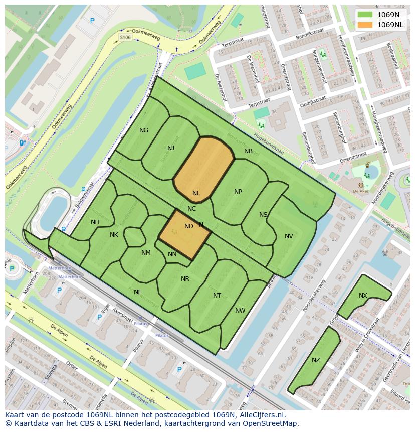 Afbeelding van het postcodegebied 1069 NL op de kaart.