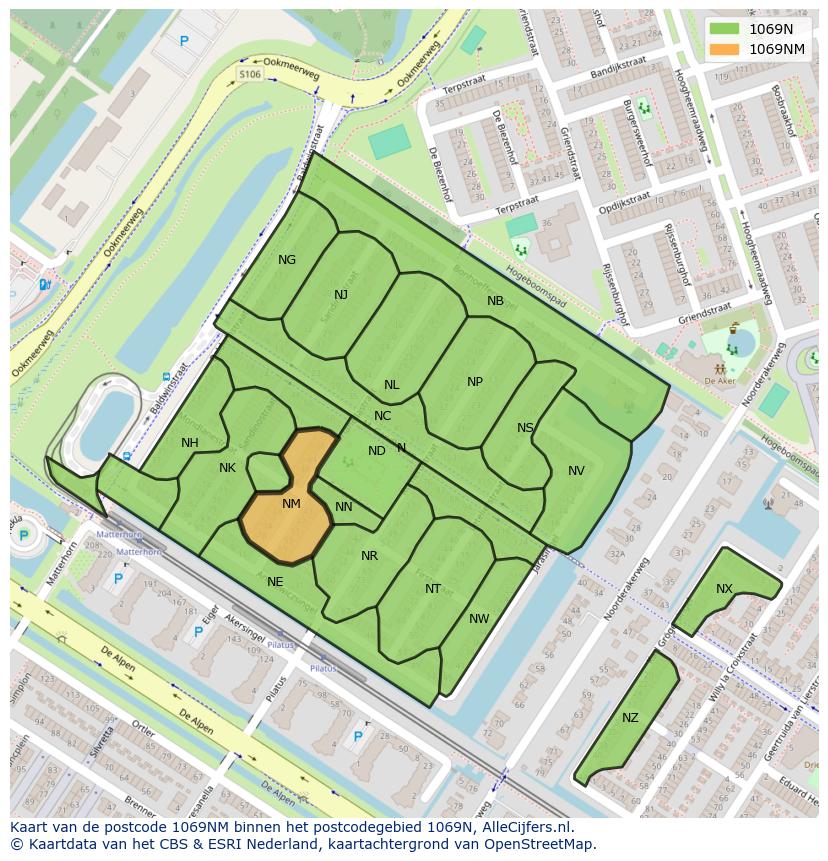 Afbeelding van het postcodegebied 1069 NM op de kaart.