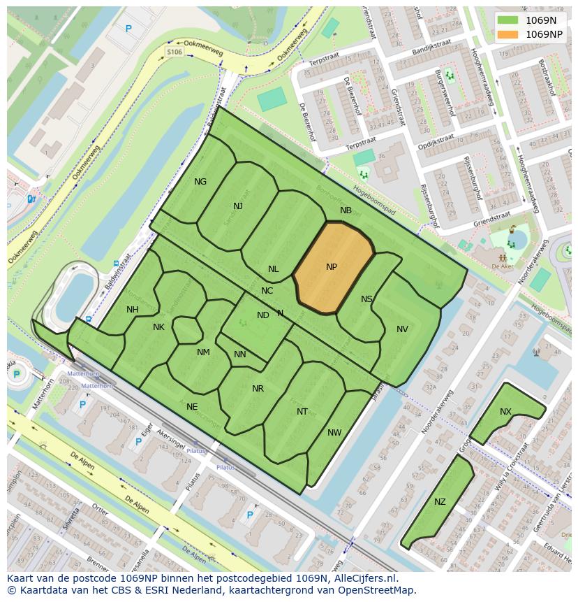 Afbeelding van het postcodegebied 1069 NP op de kaart.