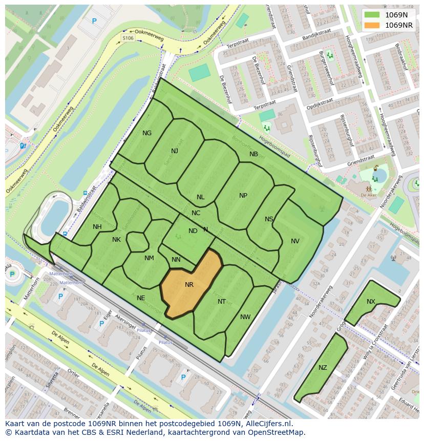Afbeelding van het postcodegebied 1069 NR op de kaart.