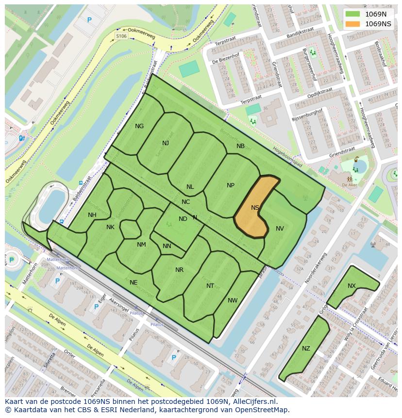 Afbeelding van het postcodegebied 1069 NS op de kaart.