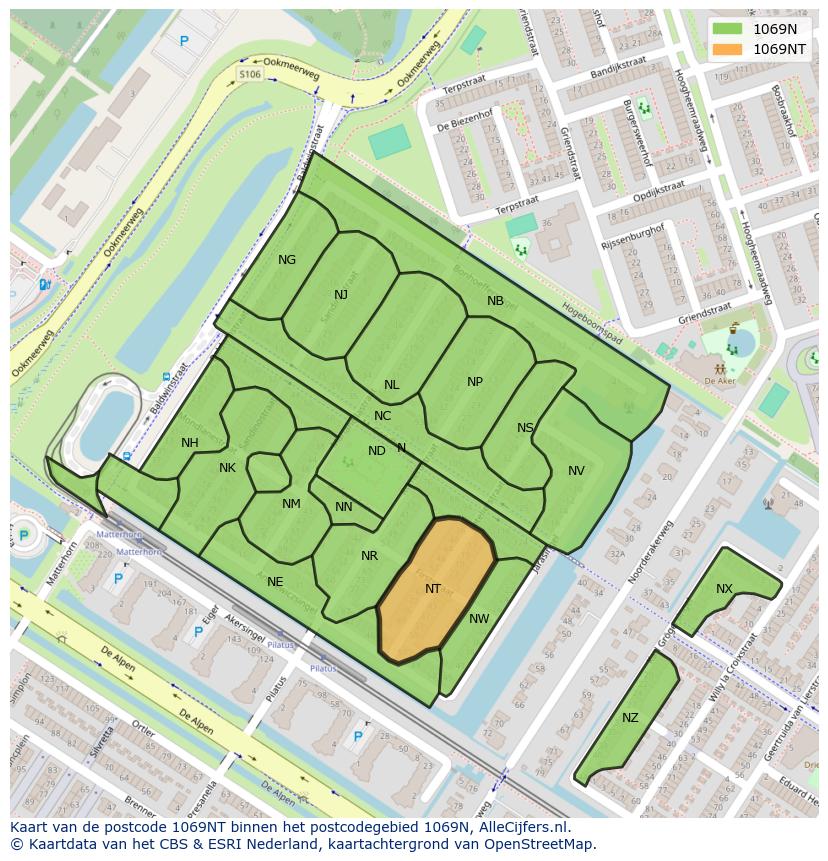 Afbeelding van het postcodegebied 1069 NT op de kaart.