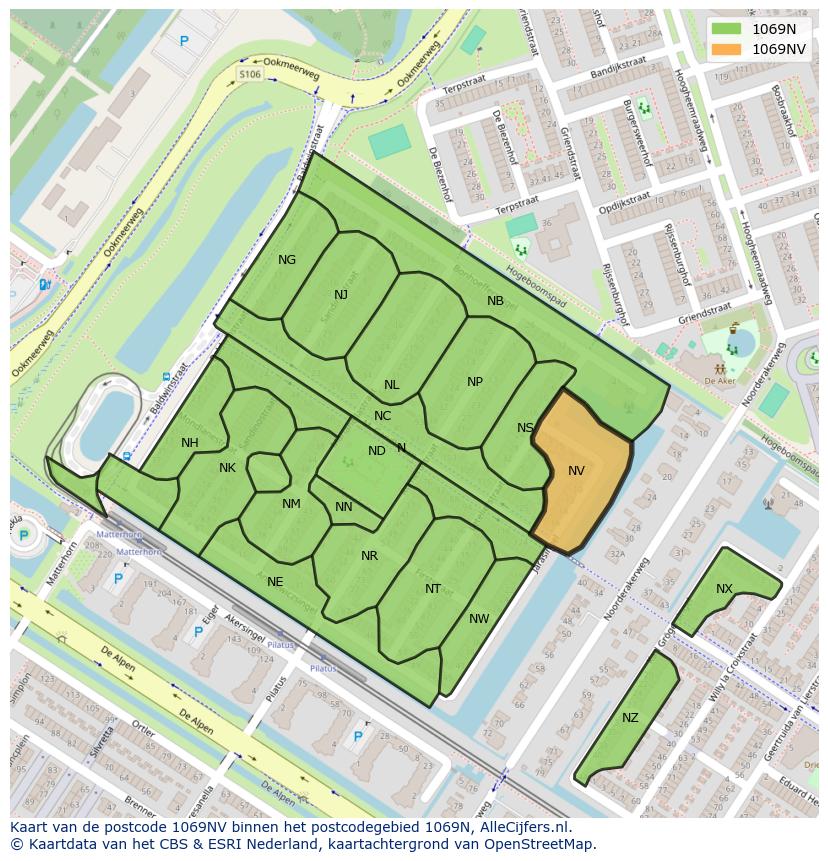 Afbeelding van het postcodegebied 1069 NV op de kaart.