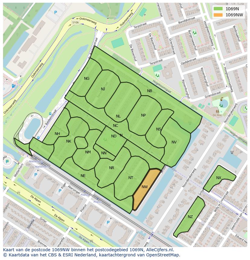 Afbeelding van het postcodegebied 1069 NW op de kaart.
