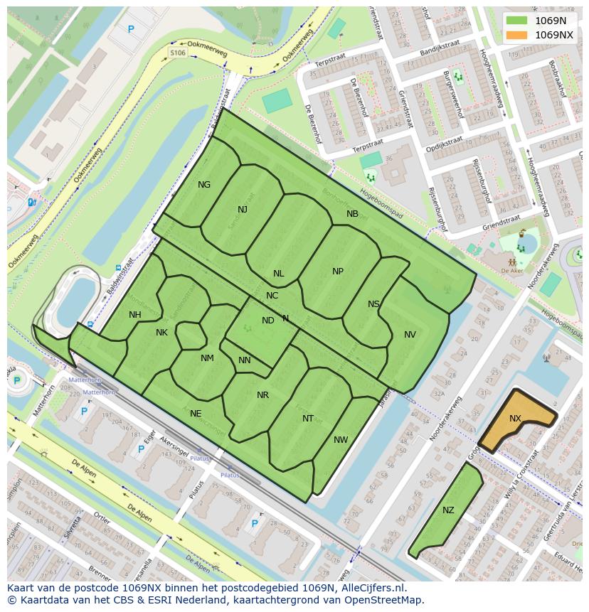 Afbeelding van het postcodegebied 1069 NX op de kaart.