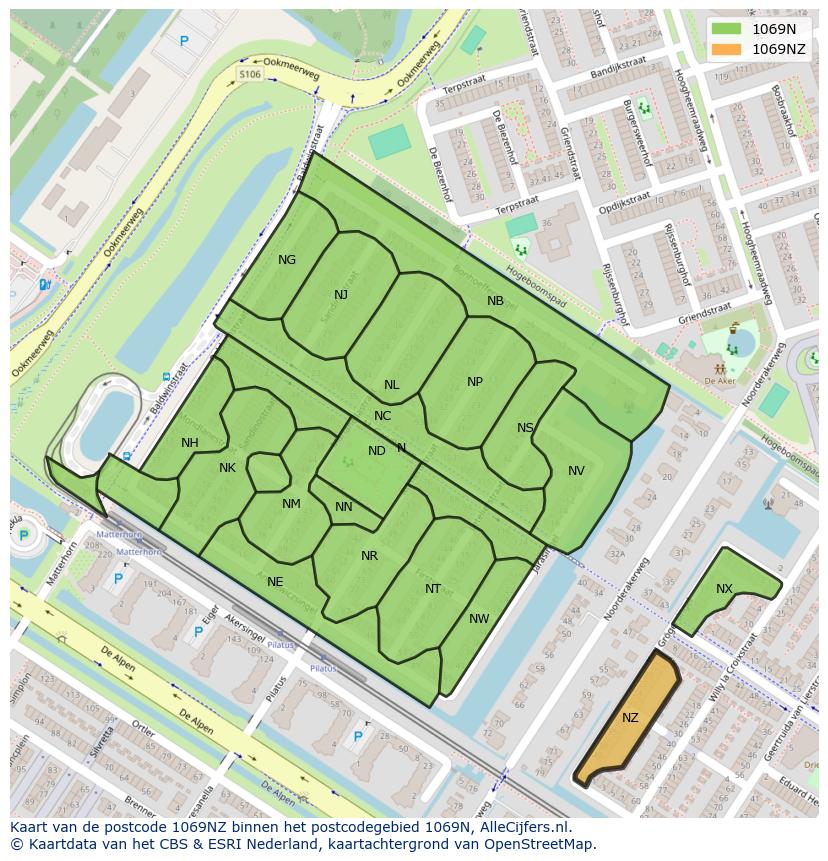 Afbeelding van het postcodegebied 1069 NZ op de kaart.