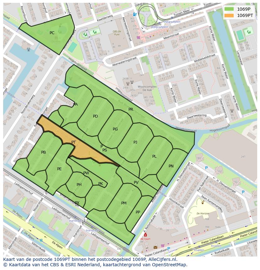 Afbeelding van het postcodegebied 1069 PT op de kaart.