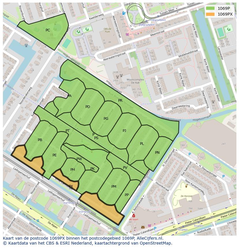 Afbeelding van het postcodegebied 1069 PX op de kaart.