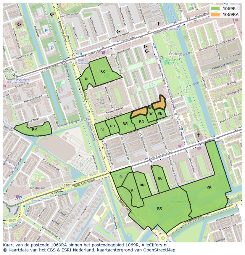 Afbeelding van het postcodegebied 1069 RA op de kaart.