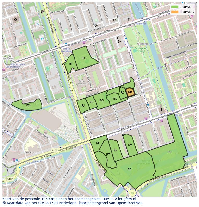 Afbeelding van het postcodegebied 1069 RB op de kaart.