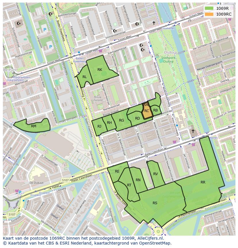 Afbeelding van het postcodegebied 1069 RC op de kaart.