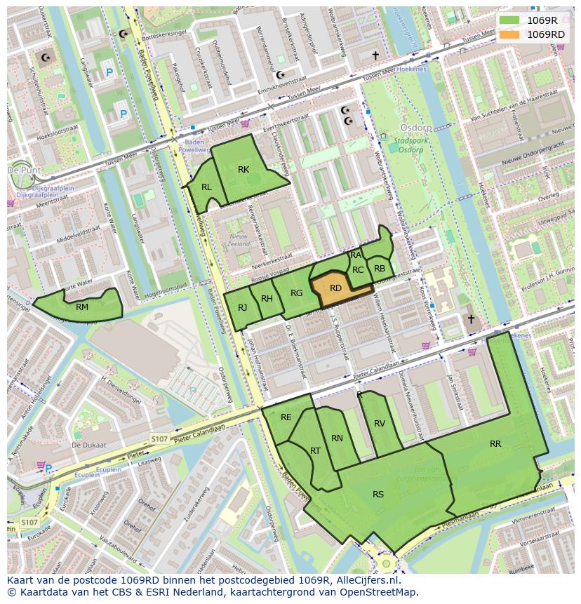 Afbeelding van het postcodegebied 1069 RD op de kaart.