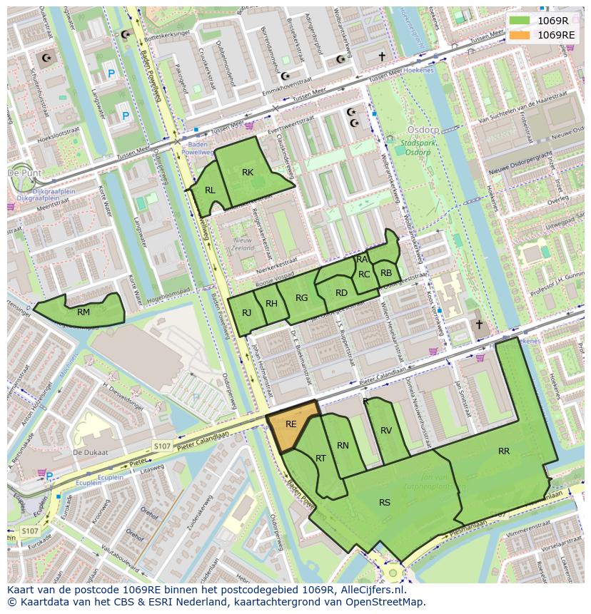 Afbeelding van het postcodegebied 1069 RE op de kaart.