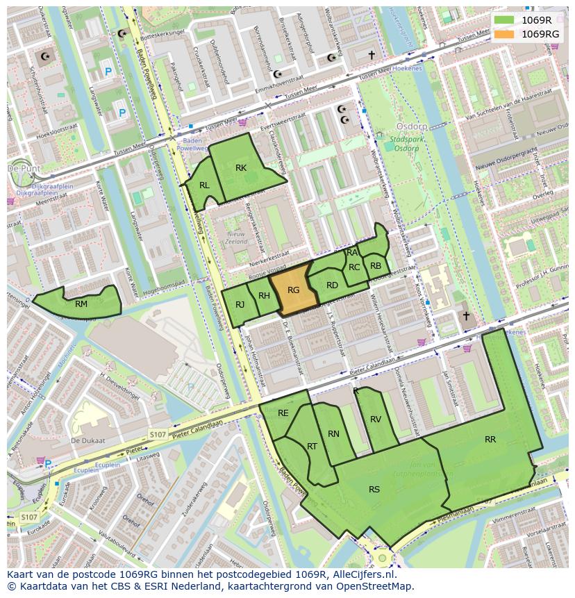Afbeelding van het postcodegebied 1069 RG op de kaart.