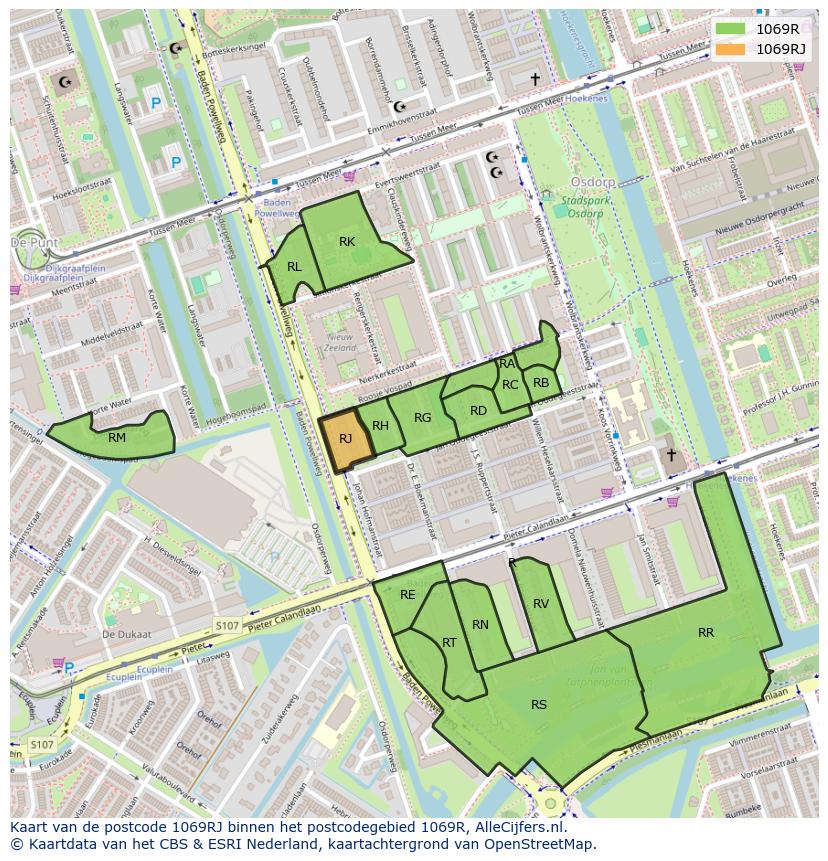 Afbeelding van het postcodegebied 1069 RJ op de kaart.