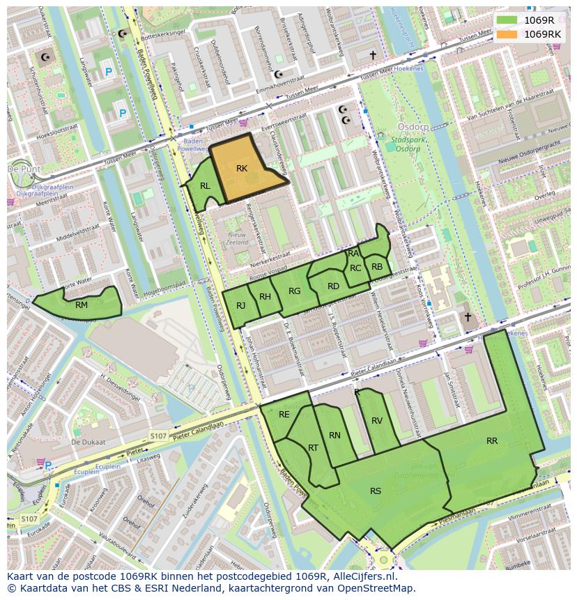 Afbeelding van het postcodegebied 1069 RK op de kaart.
