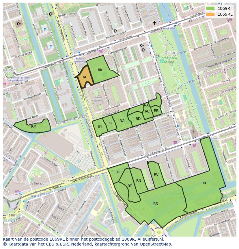 Afbeelding van het postcodegebied 1069 RL op de kaart.