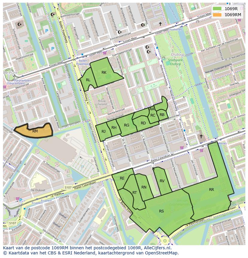 Afbeelding van het postcodegebied 1069 RM op de kaart.
