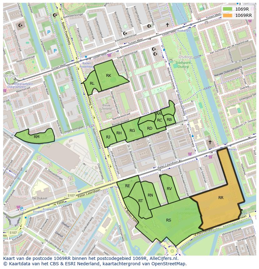 Afbeelding van het postcodegebied 1069 RR op de kaart.