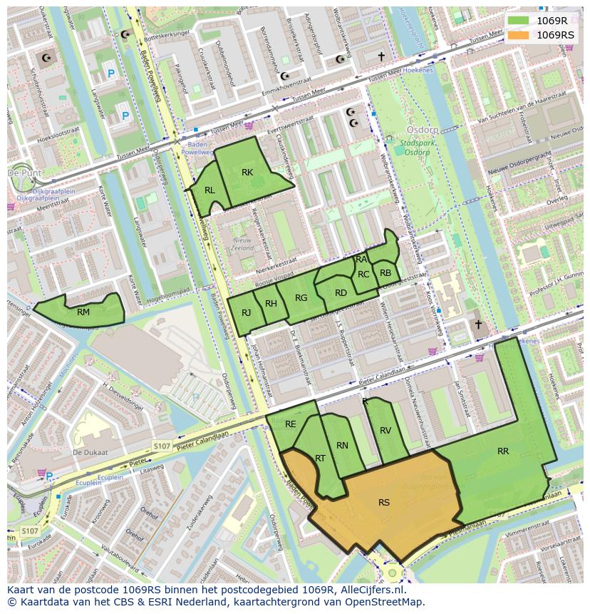 Afbeelding van het postcodegebied 1069 RS op de kaart.